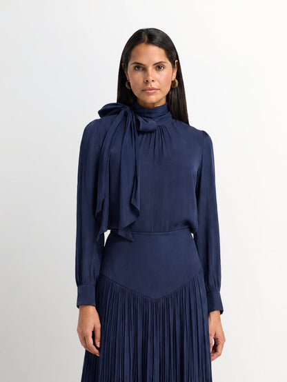 Textured Shimmer Center Bow Blouse - Navy