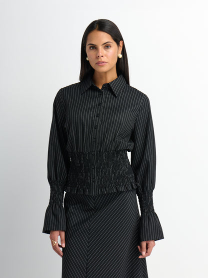 Smocked Detail Pinstripe Blouse - Black Pinstripe