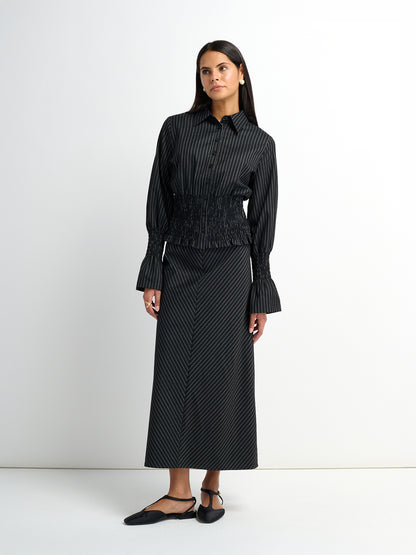 Smocked Detail Pinstripe Blouse - Black Pinstripe