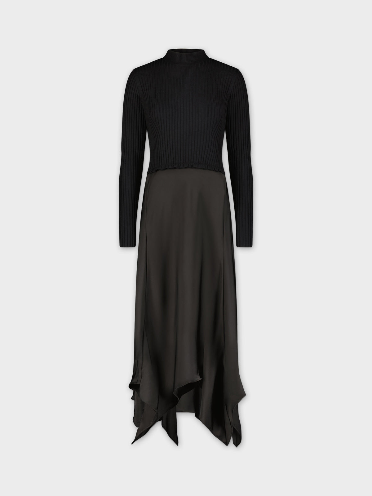 Knit Top Satin Dress-Black