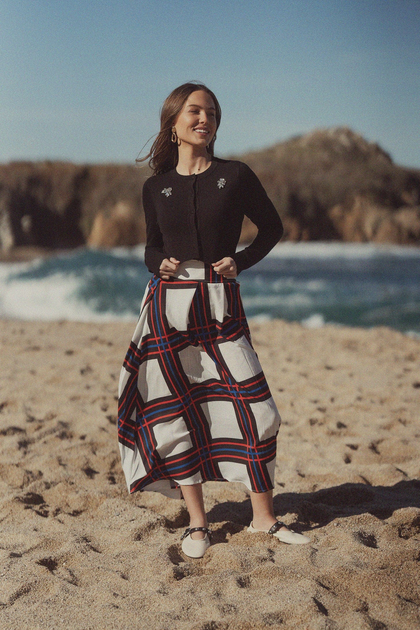 Printed Yoke Pleated Skirt-White/Blue