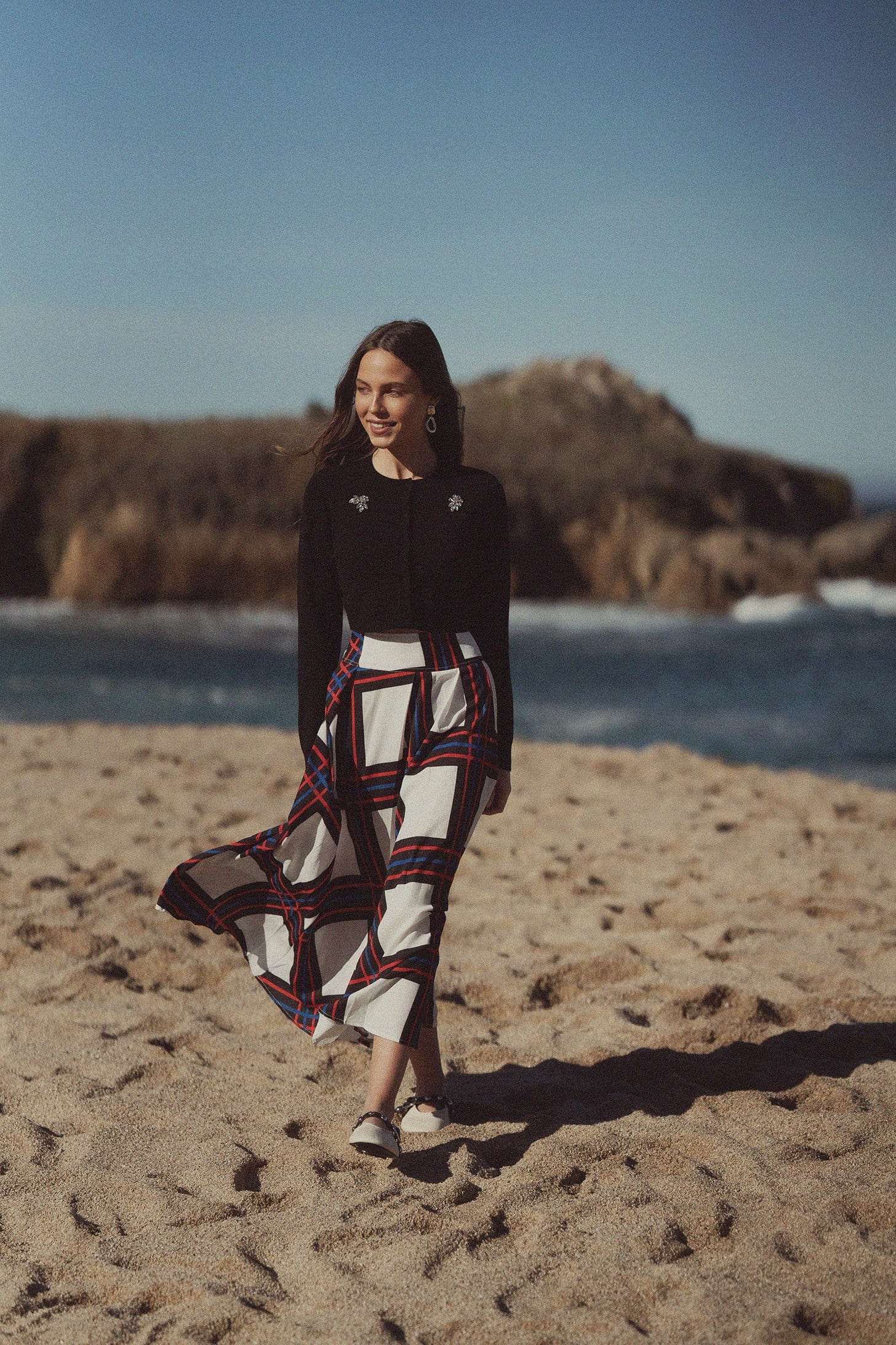 Printed Yoke Pleated Skirt-White/Blue