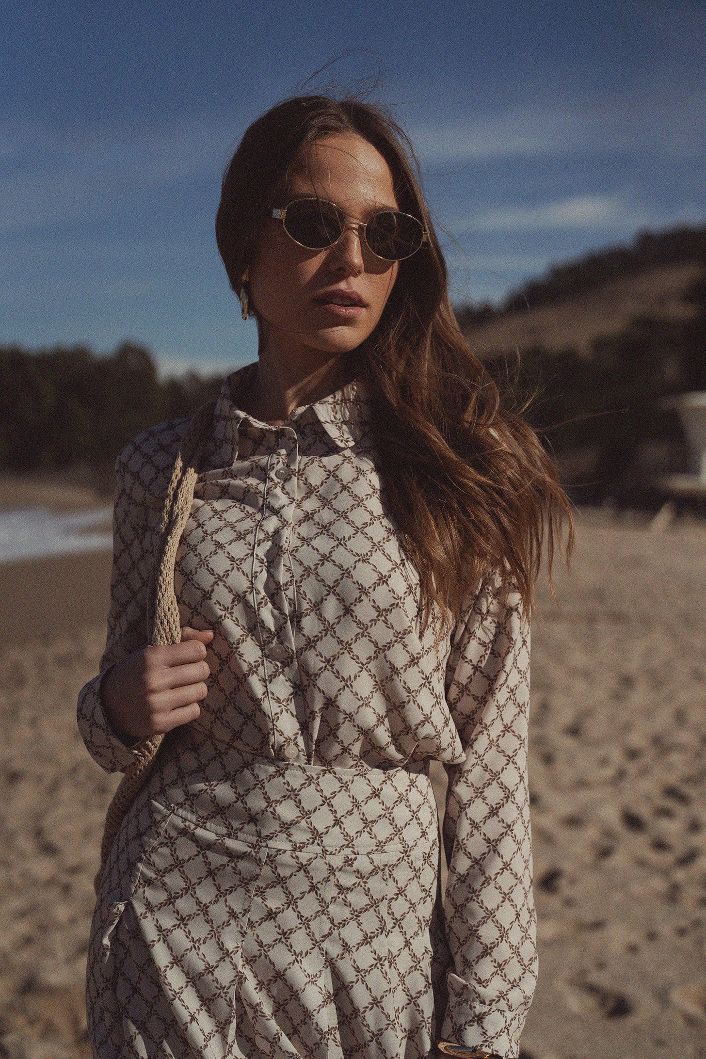 Printed Button Down Blouse-Diamond Leaves