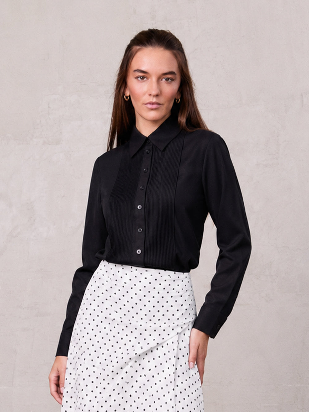 Pintuck Button Down Blouse-Black