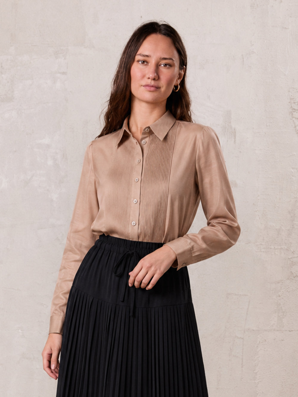 Pintuck Button Down Blouse-Champagne