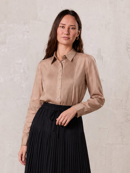 Pintuck Button Down Blouse-Champagne