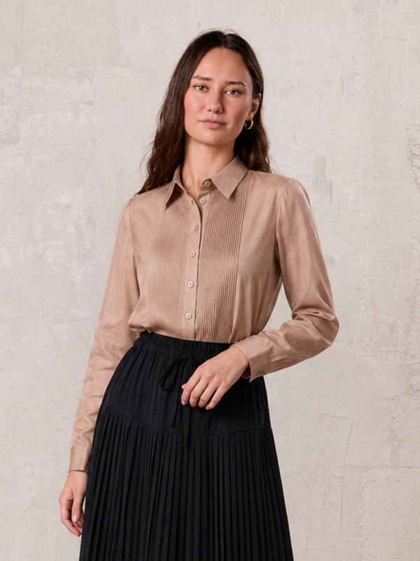 Pintuck Button Down Blouse-Champagne