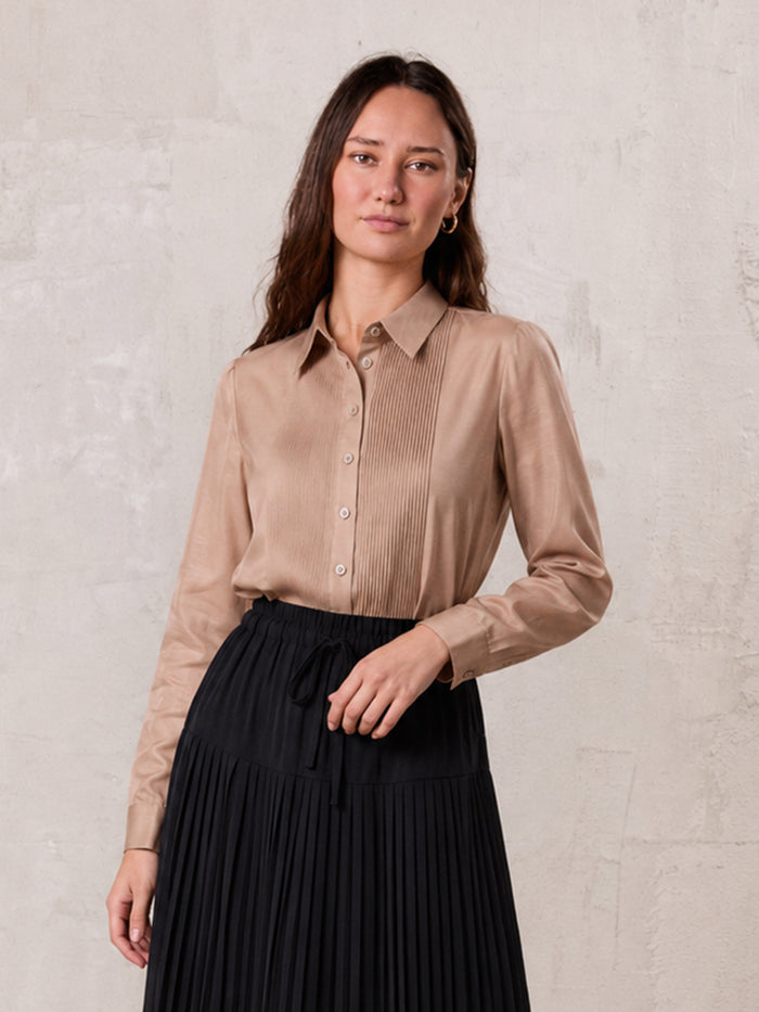 Pintuck Button Down Blouse-Champagne