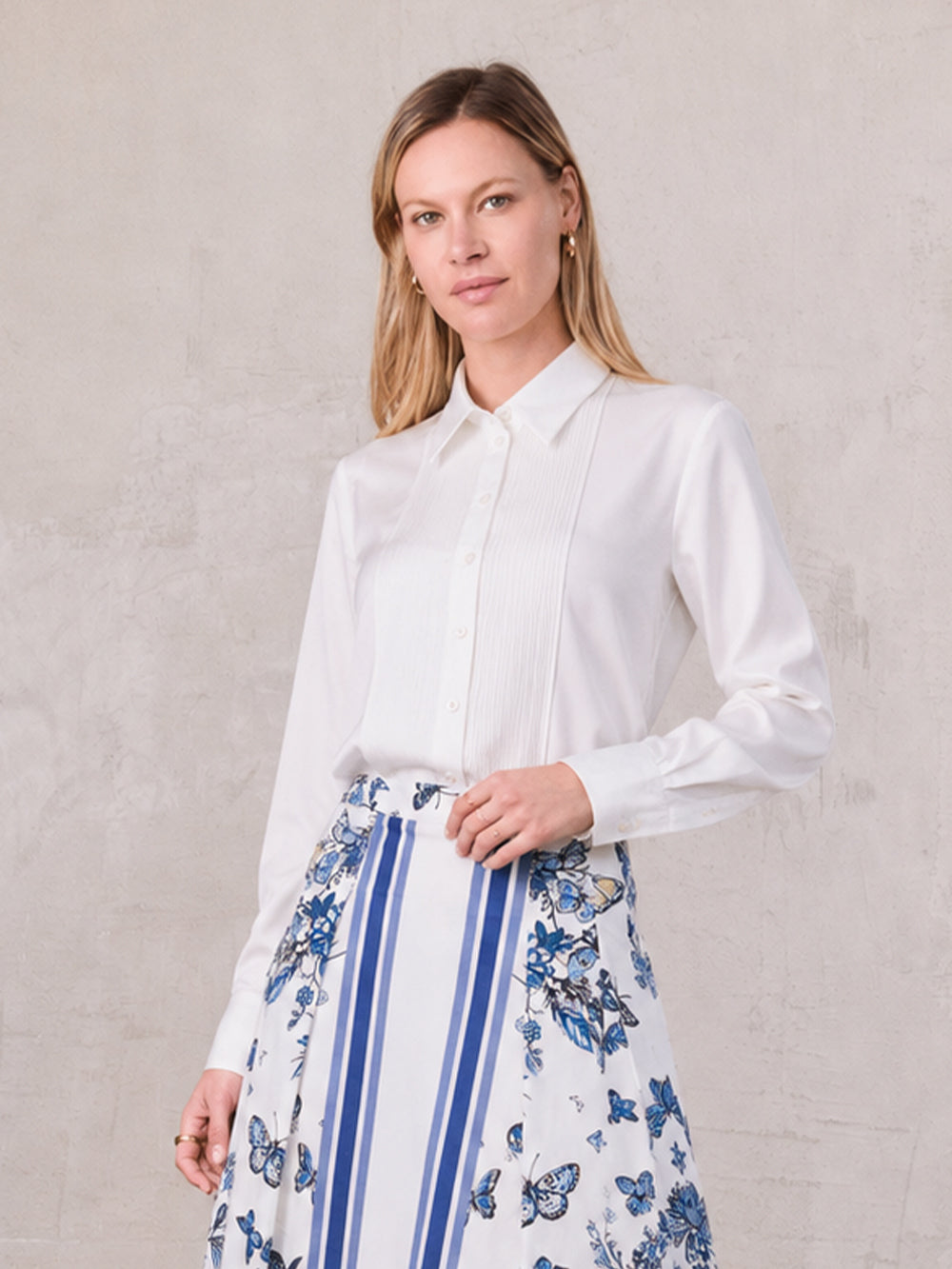 Pintuck Button Down Blouse-White