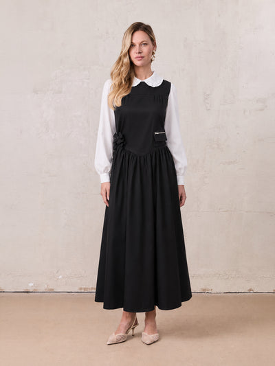 V Gathered Waist Jumper-Black