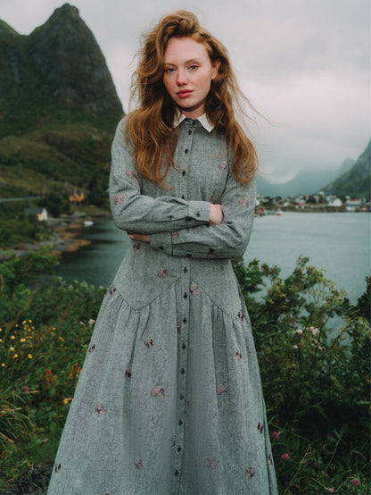 Drop Waist Shirtdress - Embroidered Butterfly