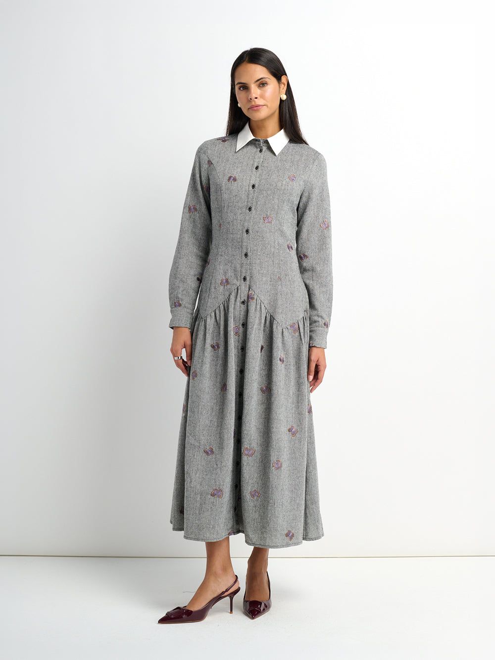 Drop Waist Shirtdress - Embroidered Butterfly