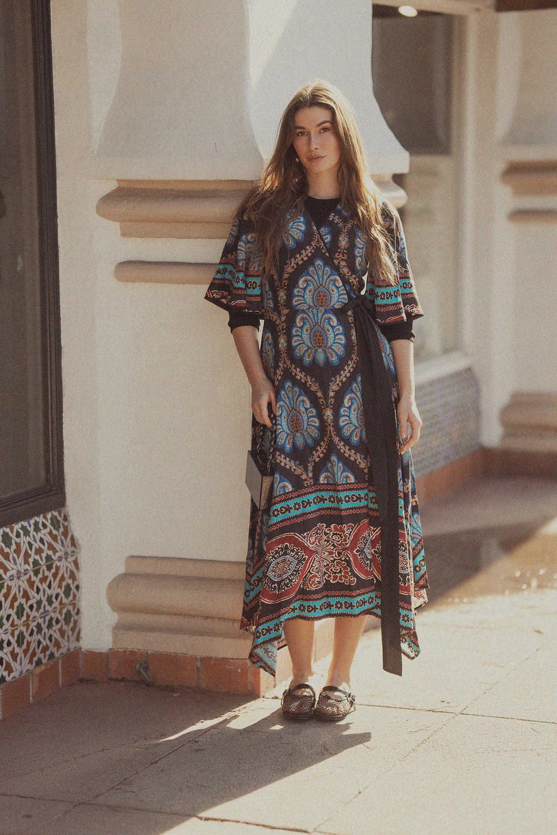 Flutter Sleeve Wrap Dress-Blue Medallion