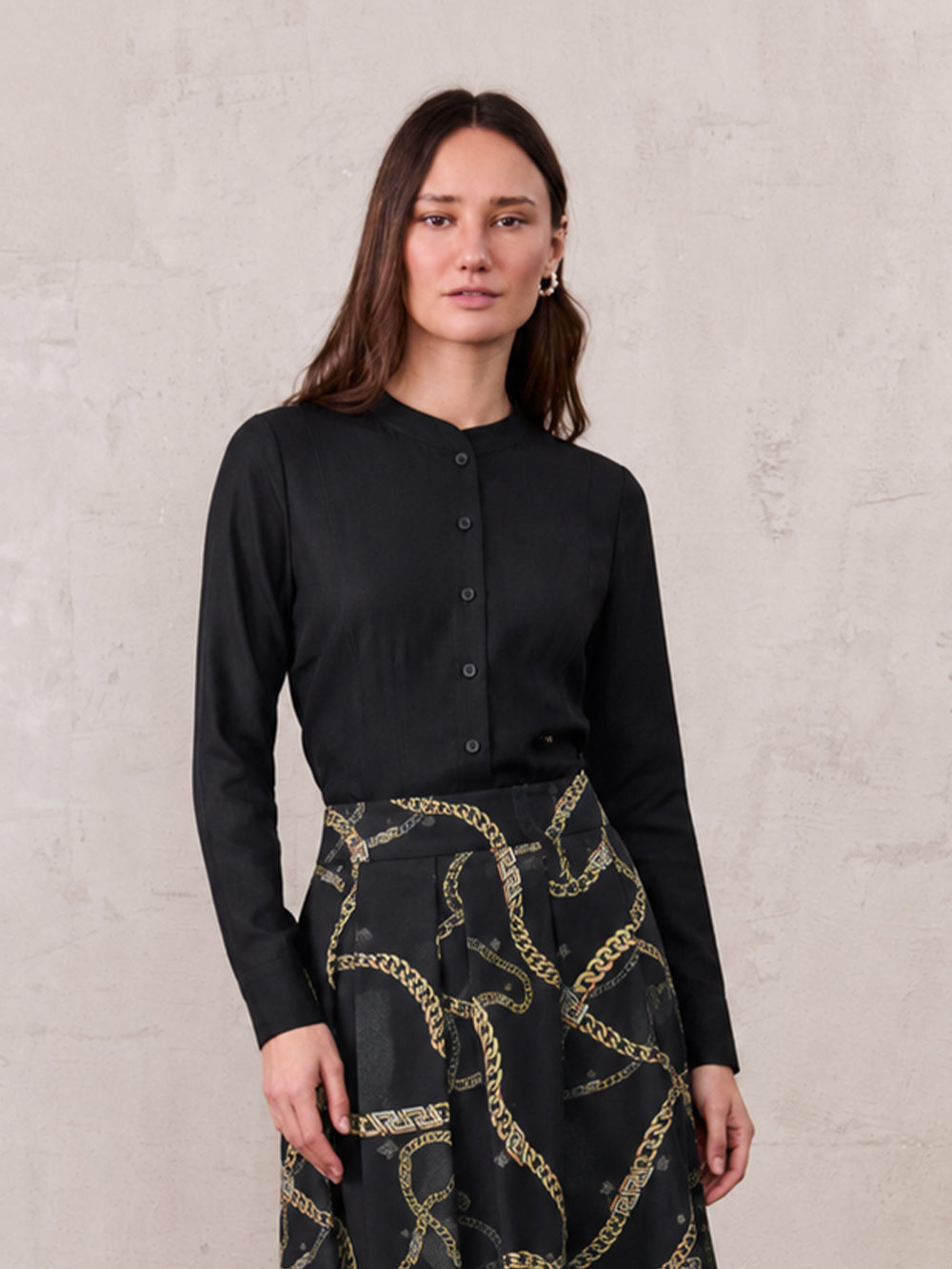 High V Neck Blouse-Black