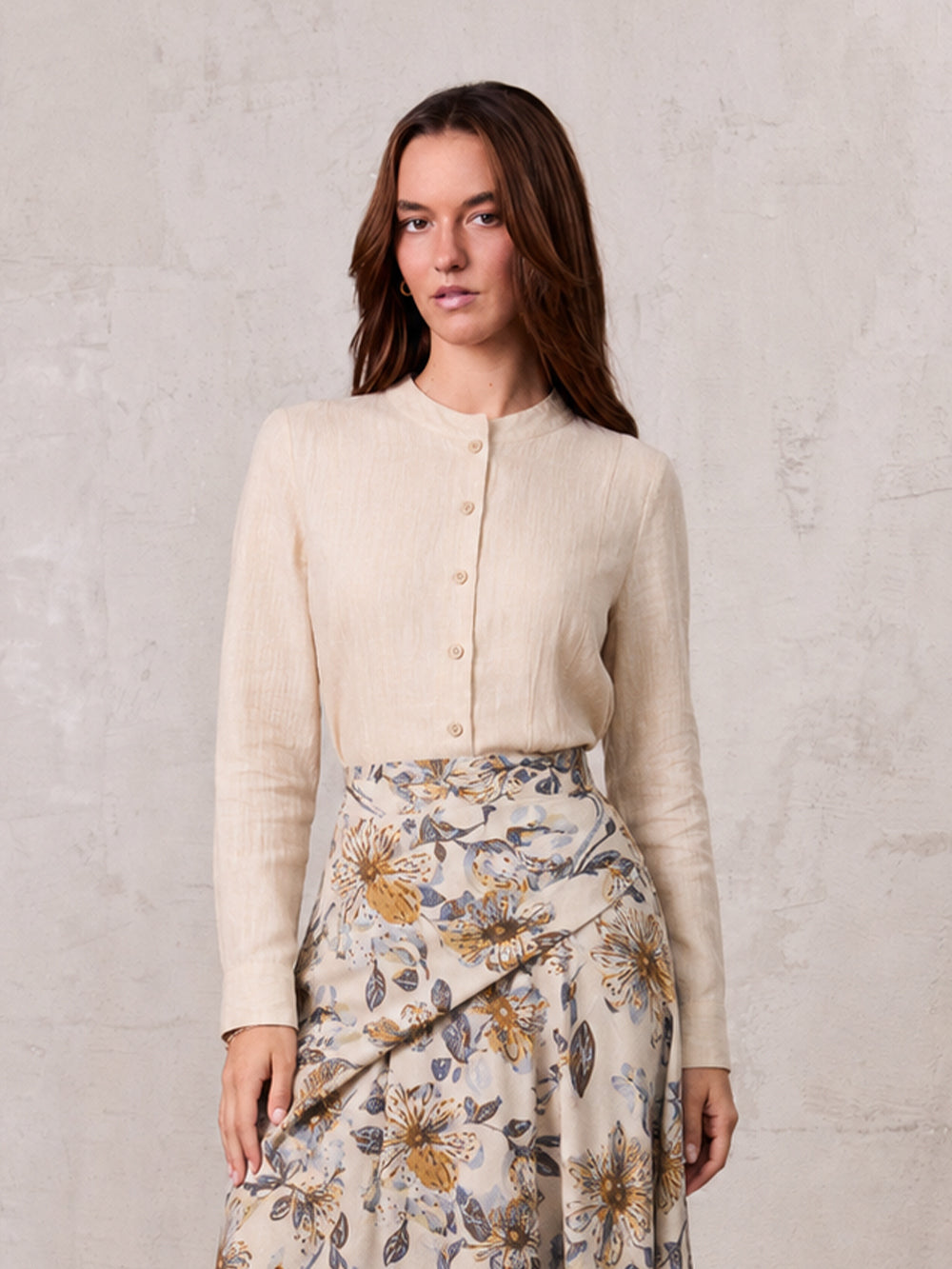 High V Neck Blouse-Sand