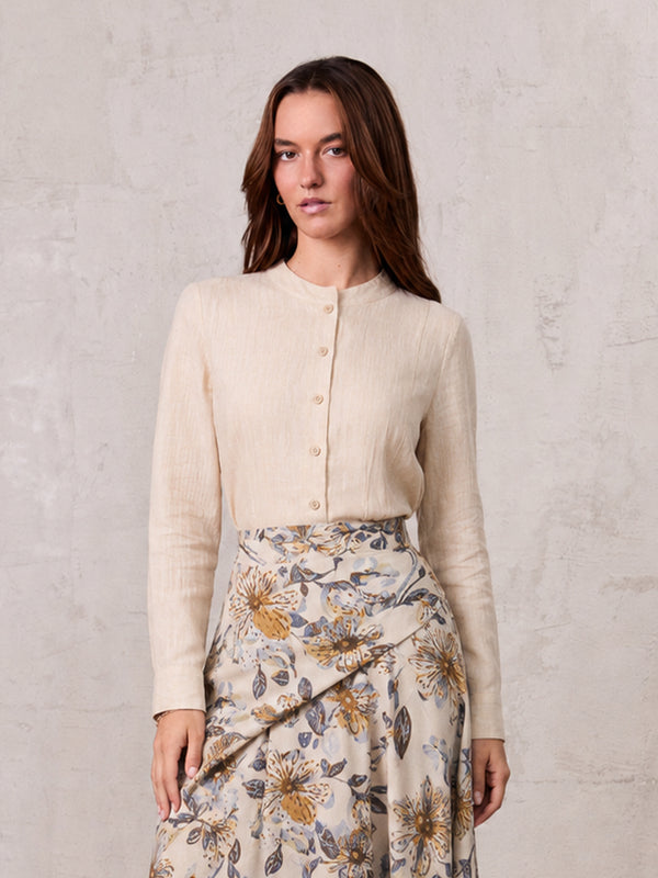 High V Neck Blouse-Sand