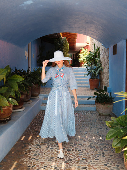 Ruched Knot Dress-Blue/White Stripe