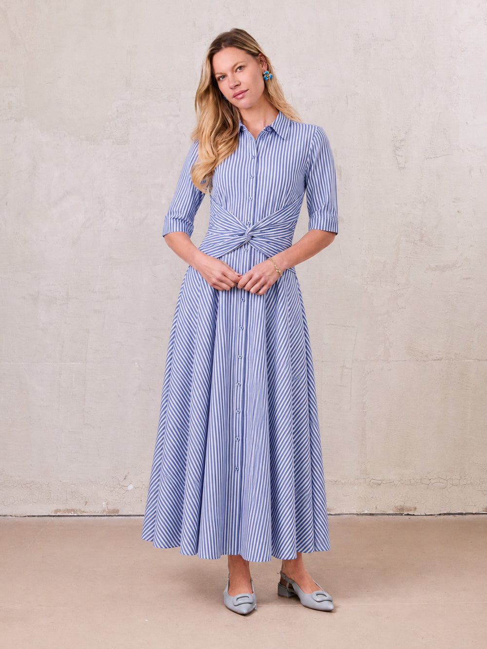 Ruched Knot Dress-Blue/White Stripe