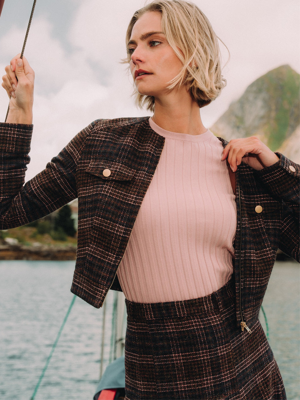 Plaid Crop Bomber Jacket - Pink Plaid