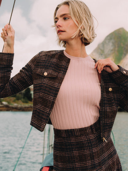 Plaid Crop Bomber Jacket - Pink Plaid