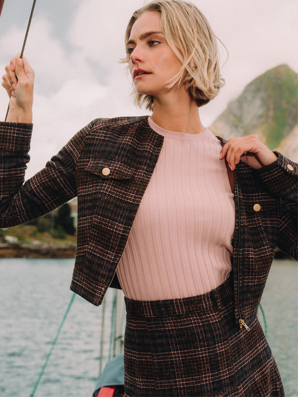 Plaid Crop Bomber Jacket - Pink Plaid
