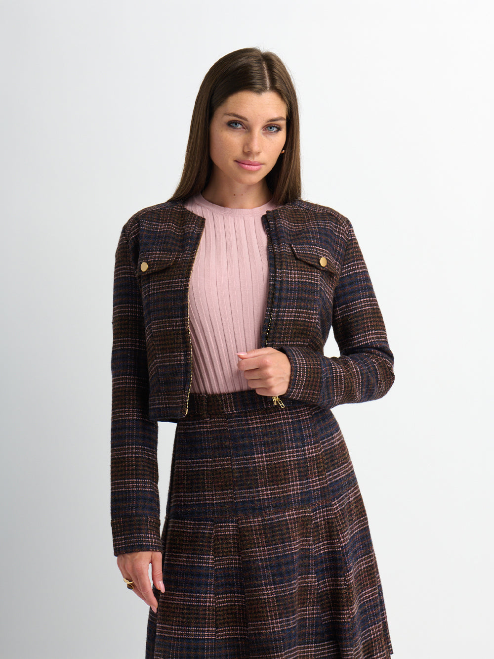 Plaid Crop Bomber Jacket - Pink Plaid