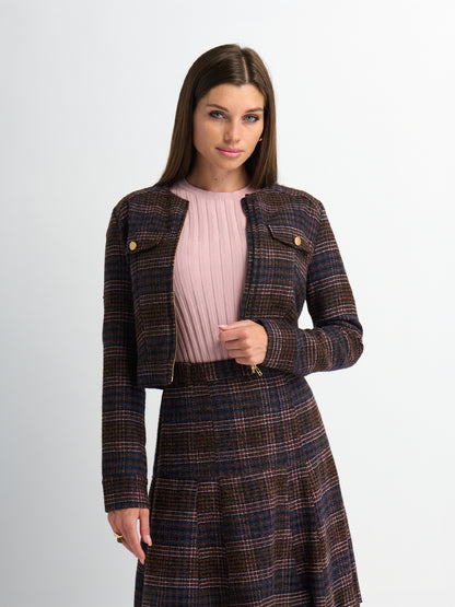 Plaid Crop Bomber Jacket - Pink Plaid
