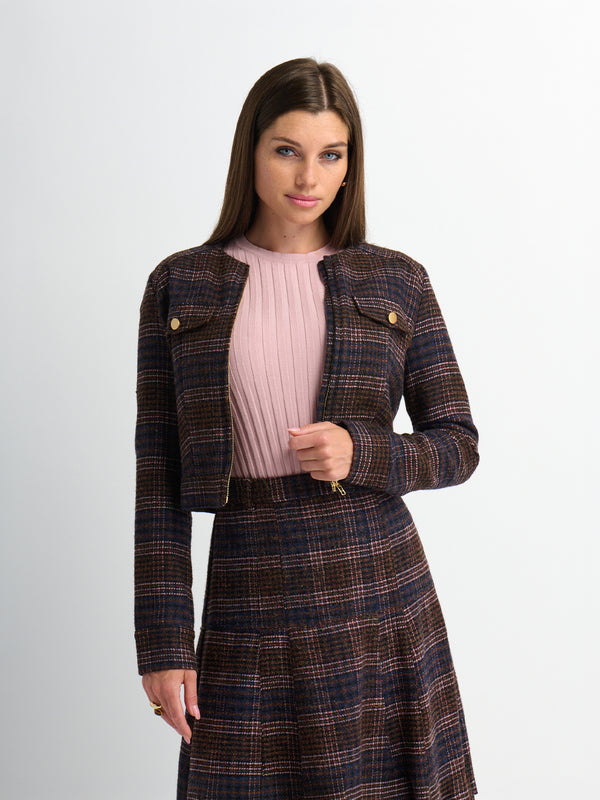 Plaid Crop Bomber Jacket - Pink Plaid