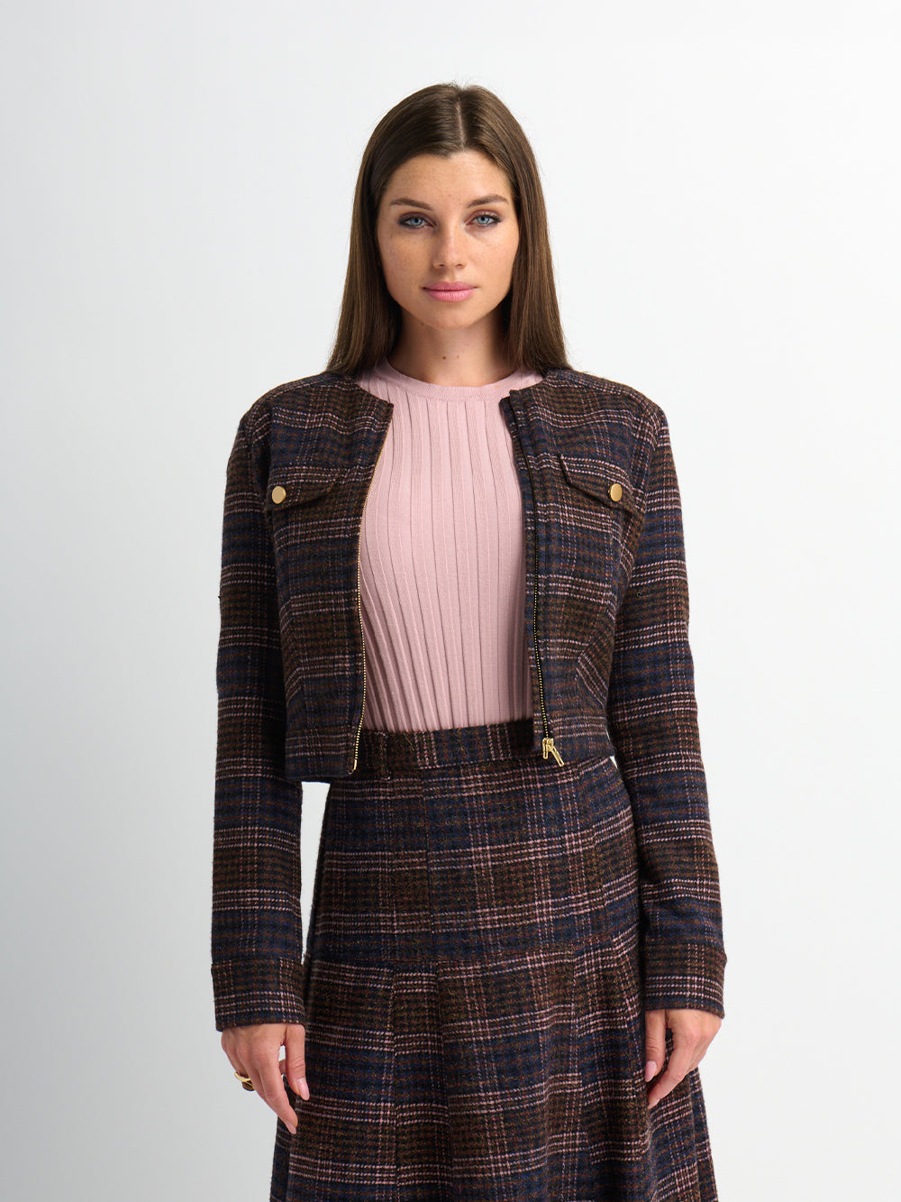 Plaid Crop Bomber Jacket - Pink Plaid