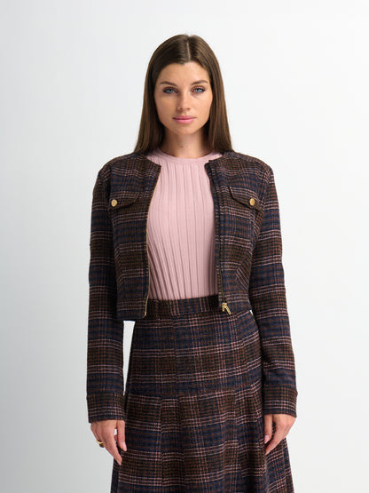 Plaid Yoke Circle Skirt - Brown/Pink Plaid