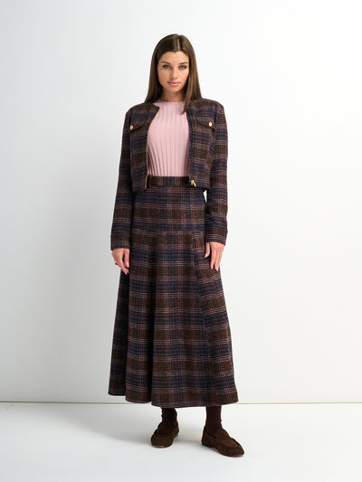 Plaid Yoke Circle Skirt - Brown/Pink Plaid