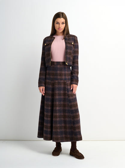 Plaid Yoke Circle Skirt - Brown/Pink Plaid