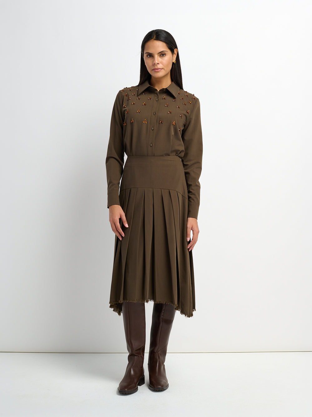 Curved Yoke Fringe Bottom Pleat Skirt LONG- Brown