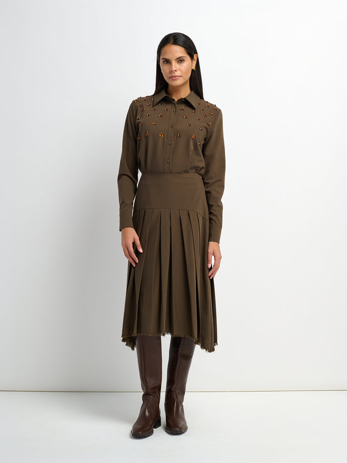 Curved Yoke Fringe Bottom Pleat Skirt LONG- Brown