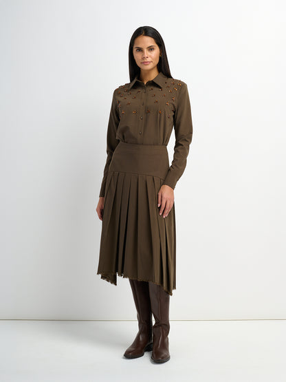 Curved Yoke Fringe Bottom Pleat Skirt LONG- Brown