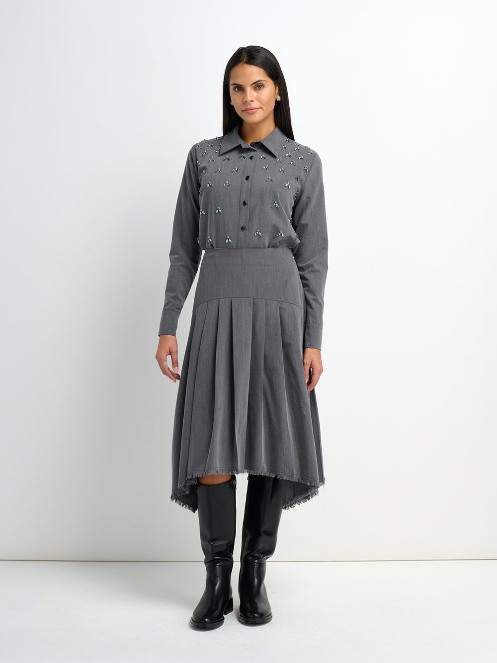Curved Yoke Fringe Bottom Pleat Skirt LONG- Grey