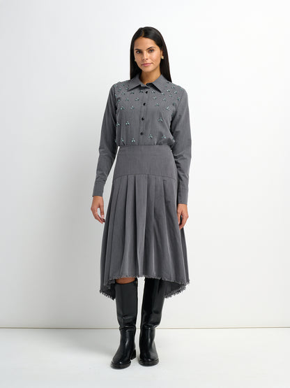 Curved Yoke Fringe Bottom Pleat Skirt LONG- Grey