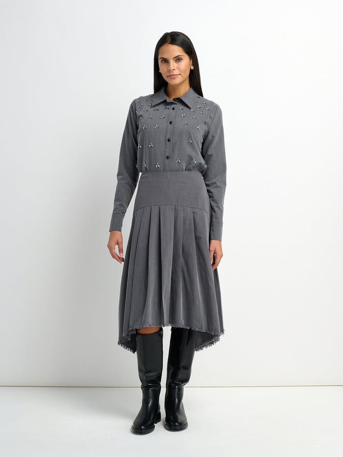 Curved Yoke Fringe Bottom Pleat Skirt LONG- Grey