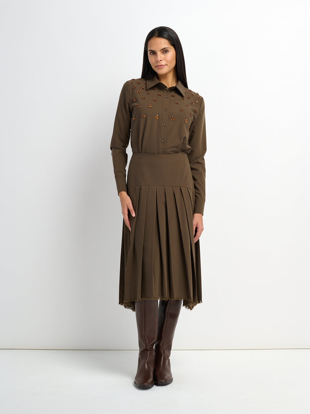 Curved Yoke Fringe Bottom Pleat Skirt LONG- Brown