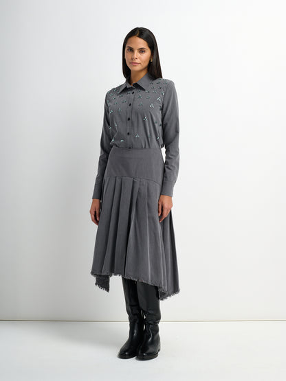 Curved Yoke Fringe Bottom Pleat Skirt LONG- Grey