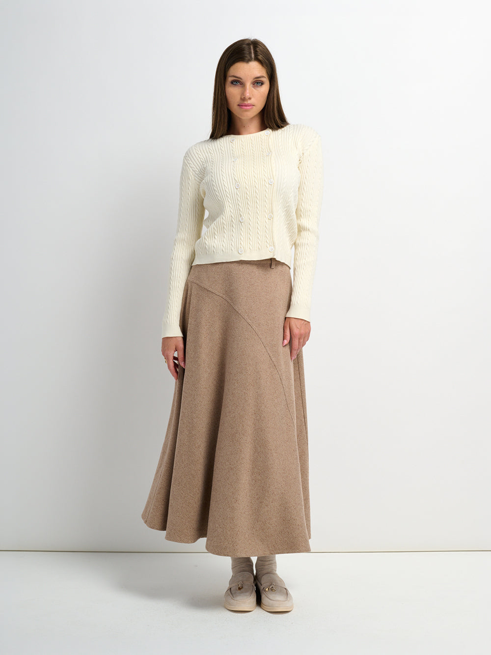 Curved Seam Full Skirt - Camel Herringbone