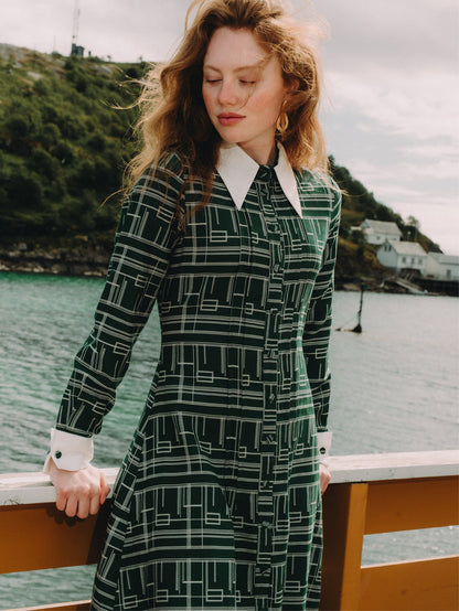Collared Ruched Back Long Sleeve Shirtdress - Green Geometric