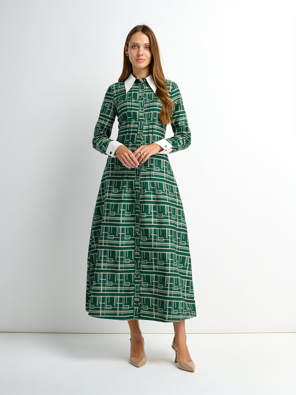 Collared Ruched Back Long Sleeve Shirtdress - Green Geometric