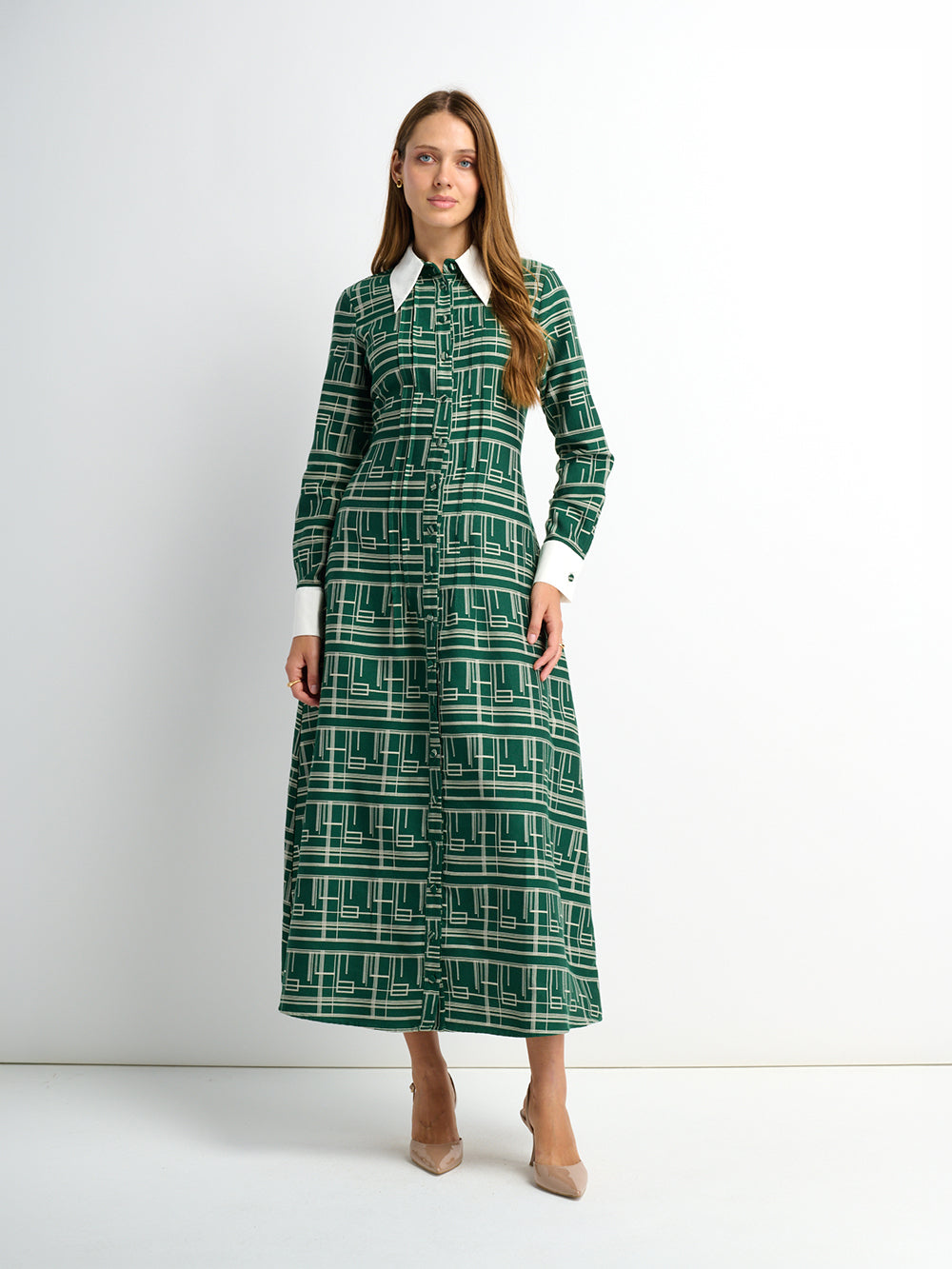 Collared Ruched Back Long Sleeve Shirtdress - Green Geometric