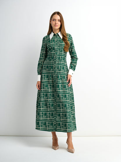Collared Ruched Back Long Sleeve Shirtdress - Green Geometric