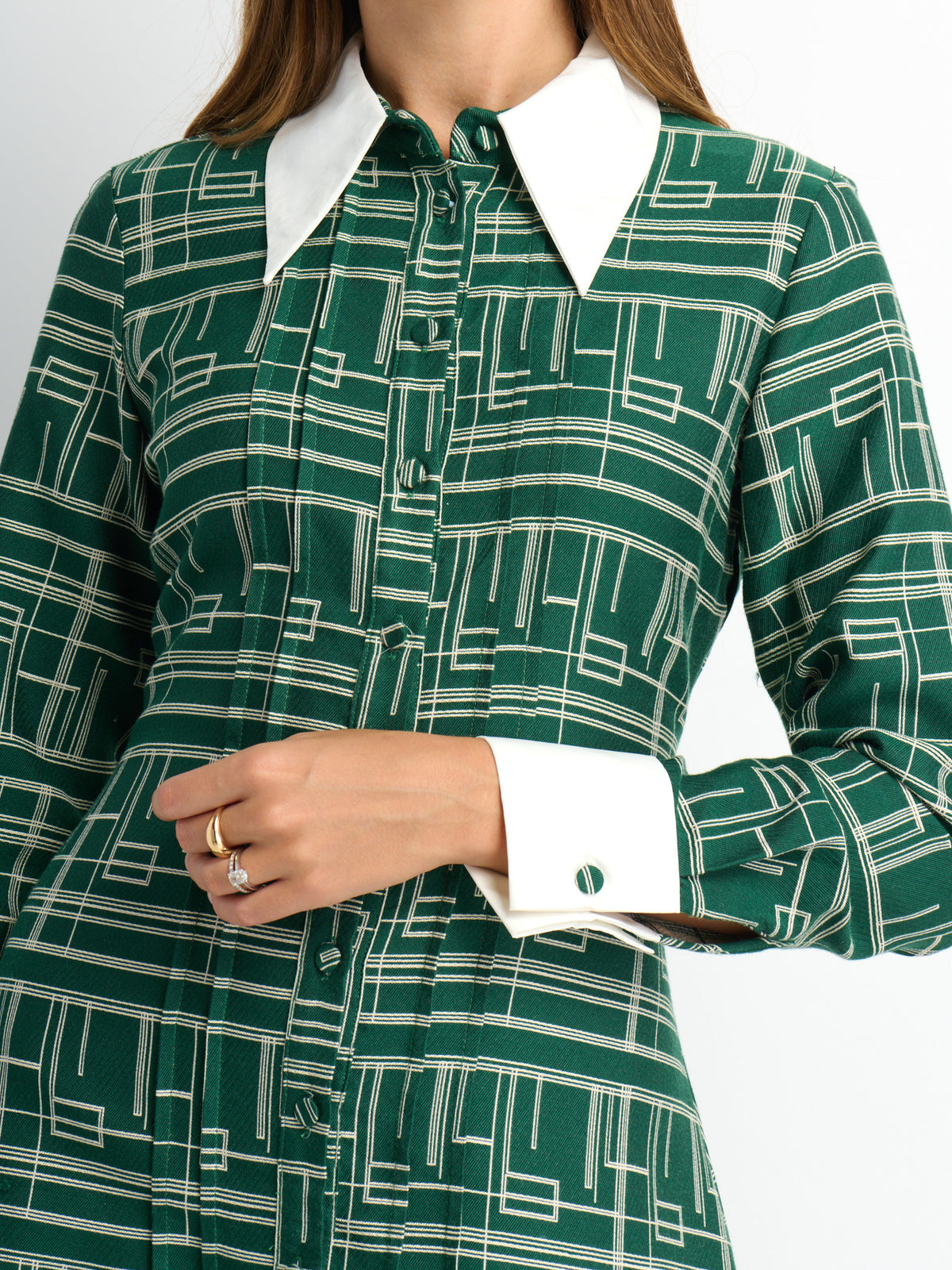 Collared Ruched Back Long Sleeve Shirtdress - Green Geometric