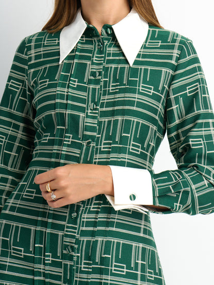 Collared Ruched Back Long Sleeve Shirtdress - Green Geometric