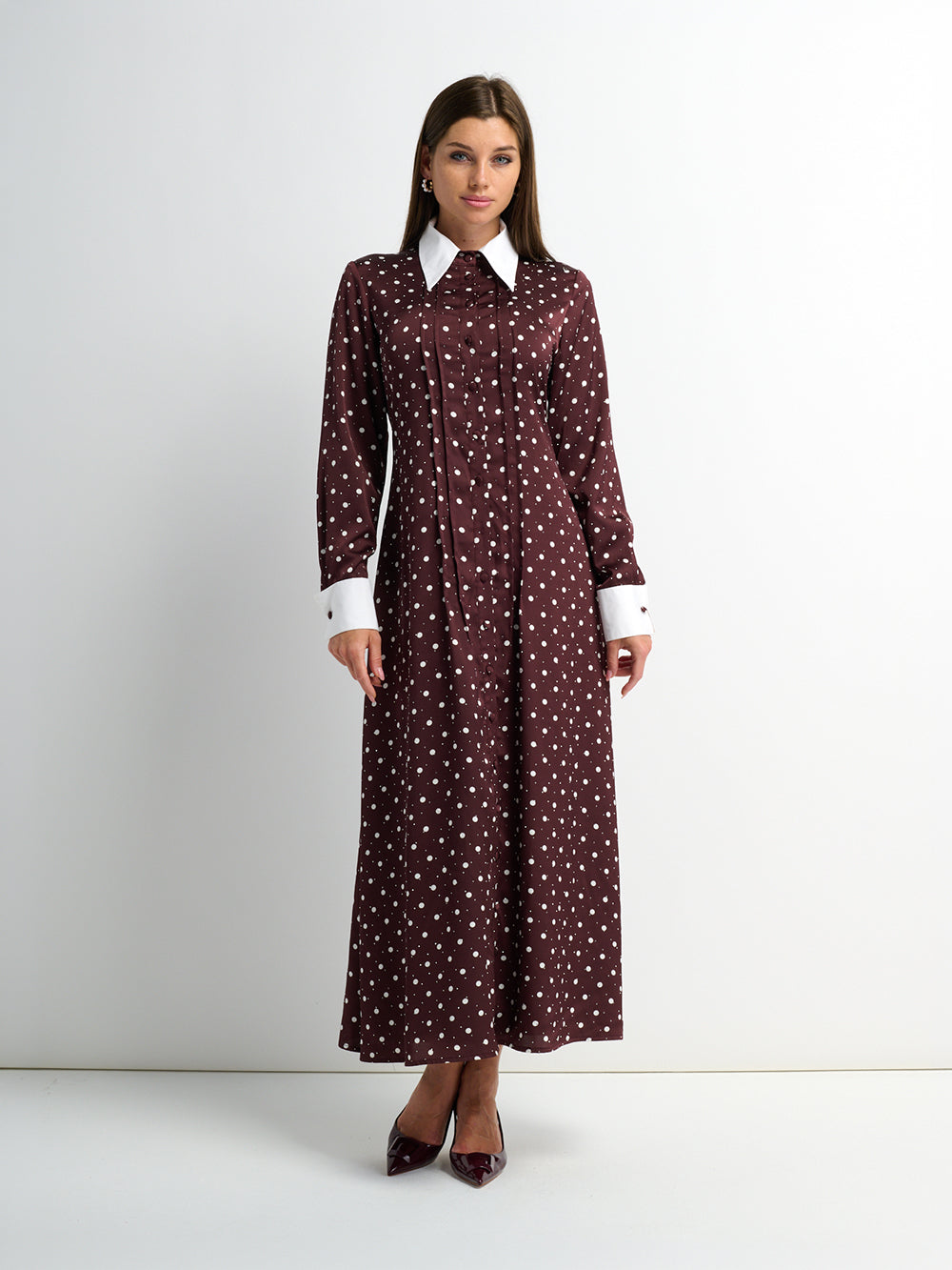 Collared Ruched Back Long Sleeve Shirtdress - Burgundy Polka Dot Sparkle