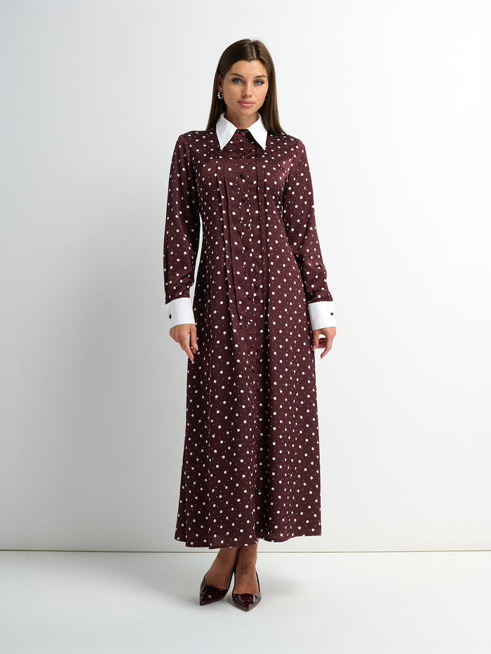 Collared Ruched Back Long Sleeve Shirtdress - Burgundy Polka Dot Sparkle