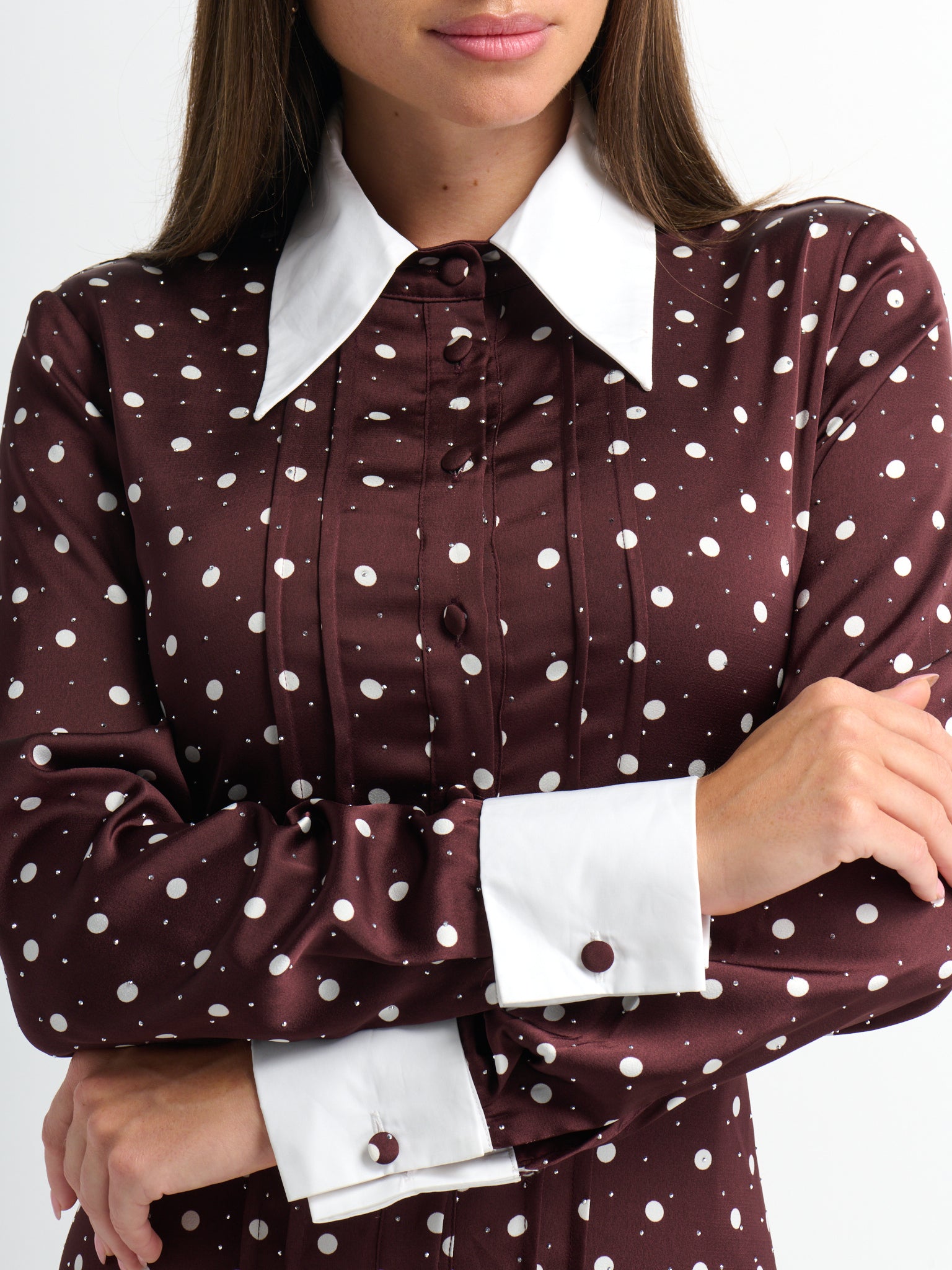 Collared Ruched Back Long Sleeve Shirtdress - Burgundy Polka Dot Sparkle